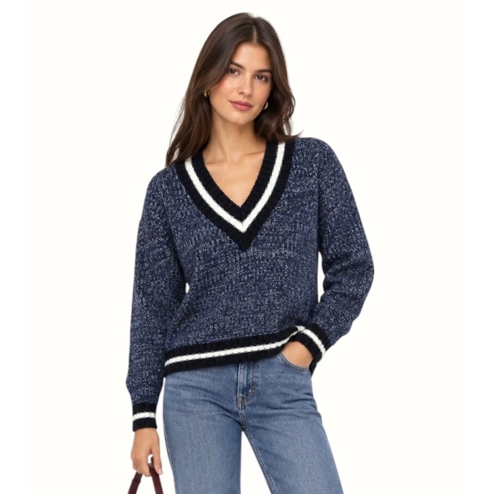Freshman 1996 Sweater S V-Neck Knit Navy White Striped Varsity Preppy Colegiate